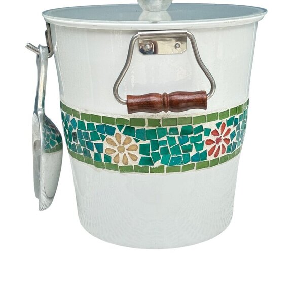 Vintage White ice Bucket Mid Century Enameled with Blue Red Green Glass 2 Handle - Picture 2 of 6